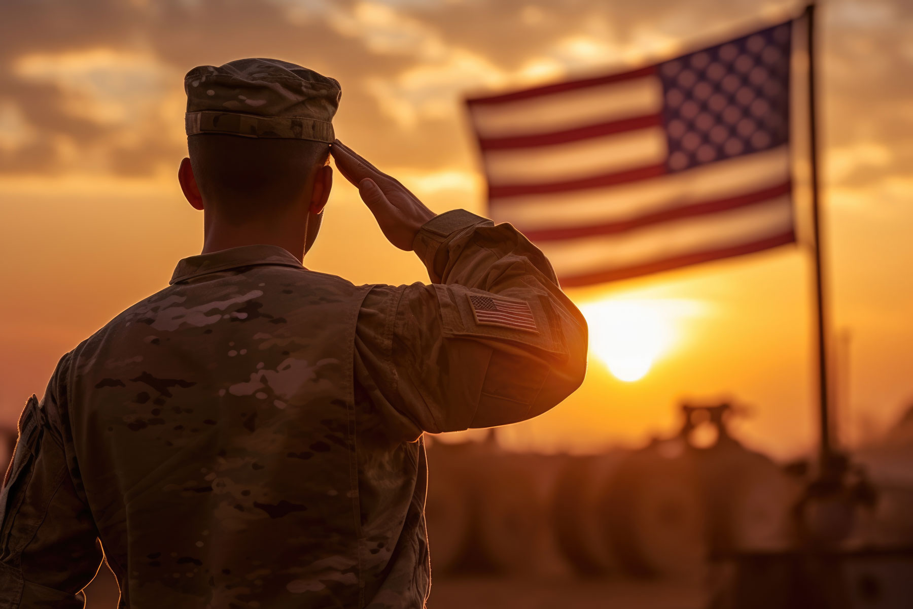 US Army soldier saluting the American flag while the sun sets in the background.