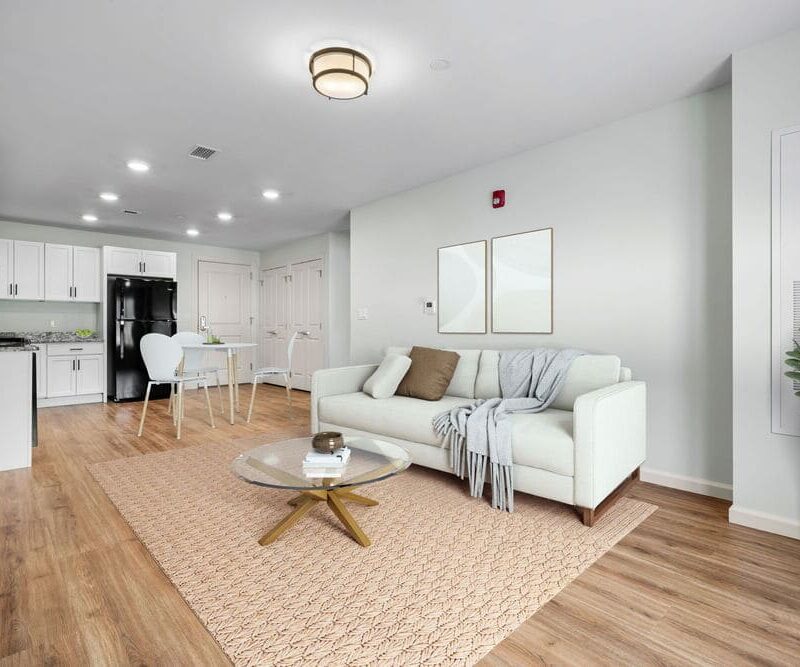 View of an apartments living room and kitchen area